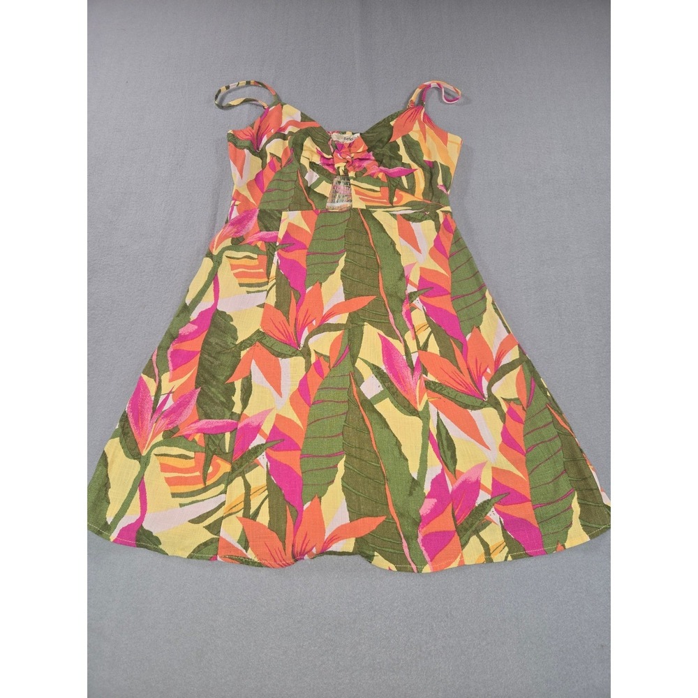 Rewind Sundress Womens Medium Multicolor Tropical Bird of Paradise Linen Blend